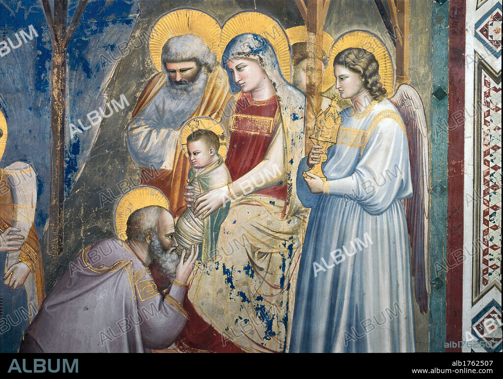 Stories of the Christ The Adoration of the Magi, by Giotto, 1304-1306 about, 14th Century, fresco, cm 200 x 185. Italy, Veneto, Padua, Scrovegni Chapel. Detail. The Holy Family St Joseph the Virgin Mary Madonna the infant Jesus Christ an angel holding a tabernacle with one of the gifts of the King Magi adoring worshipping King Magus.