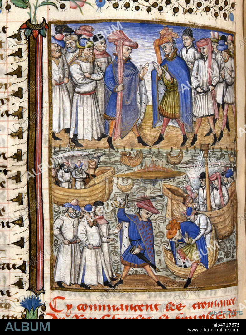 ARNOULD, ou Arnoul , Comte de Flandres le grand (900-964) , tue Guillaume Longue-Epee, Duc de Normandie, alors qu'il traverse la Somme a Picquigny, en 942 (10e, 10eme, Xeme s.). Regne de LOUIS IV dit d'Outremer roi des Francs. Enluminure tiree des Grandes chroniques de France, vers 1450. Manuscrit medieval conserve a la bibliotheque municipale de Chateauroux. Ms 5 f°171. Credit : Collection JEAN VIGNE / KHARBINE-TAPABOR.