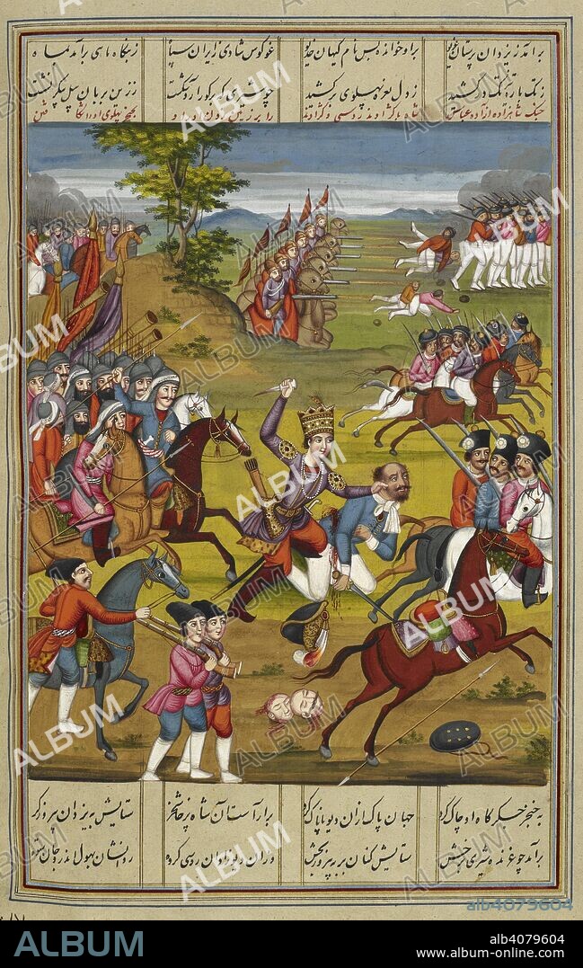 ANON. Abbas Mirza about to slay the Russian general Gazhadand, whom he has already wounded, and seizes by the ear: the Russian army in flight. . Shahinshahnama of Fath 'Ali Khan Saba. 1810. opaque watercolour. Persian style; Qajar style. 21.5 by 17 cm. Source: I.O.Islamic 3442 f.387v. Language: Persian.