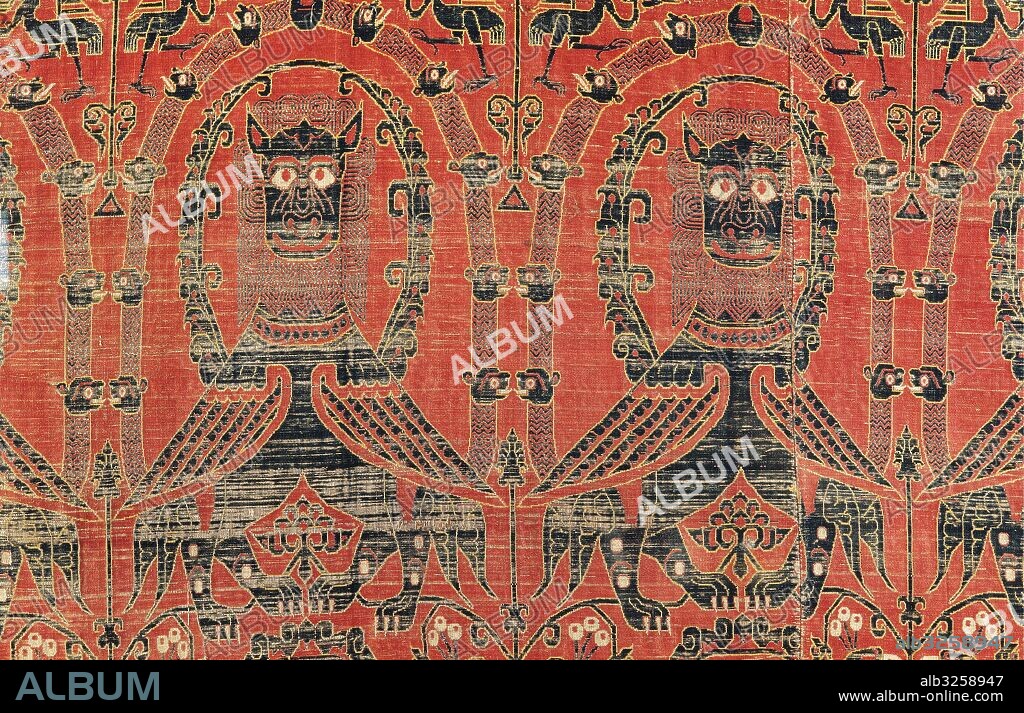 Medieval. Fabric and clothing. Anonymous. Frontal altar called "Cloth of the Witches". Al-Andalus. Taifas Kingdoms or Almoravid period, first half of the 12 century. Warps and silk wefts. From the monastery of St. Joan de les Abadesses (Ripolles). Catalonia, Spain. Episcopal Museum of Vic, Spain.