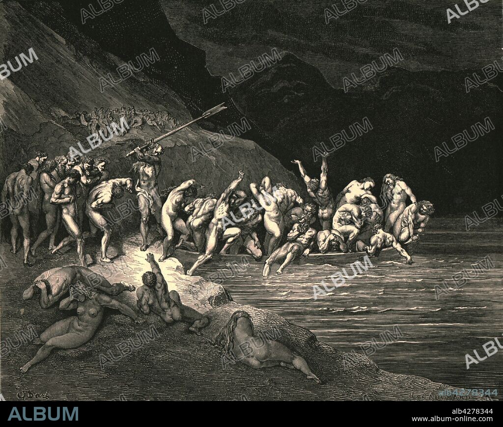 PAUL GUSTAVE DORÉ. 'E'en in like manner Adam's evil brood, cast themselves one by one down from the shore', c1890. The dead crossing the river Styx to Hell. Illustration from "The Vision of Hell" (Inferno), the first part of "The Divine Comedy" (La divina commedia) by Dante Alighieri. This long, narrative poem, written in Italian c1308-1321, tracing Dante's imaginary journey from Hell, through Purgatory and finally to Heaven and a beatific vision of God, has been published numerous times. This edition, published late 19th century, is illustrated by Gustave Dore. [Cassell Petter & Galpin, c1890].