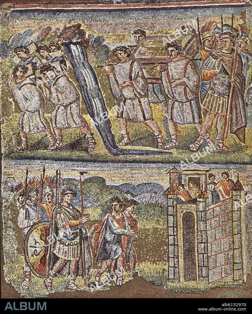 ISRAELITAS CRUZANDO EL ARCA DE LA ALIANZA POR EL JORDAN Y ESPIAS ENVIADOS POR JOSUE A JERICO - MOSAICO DEL AÑO 431.
