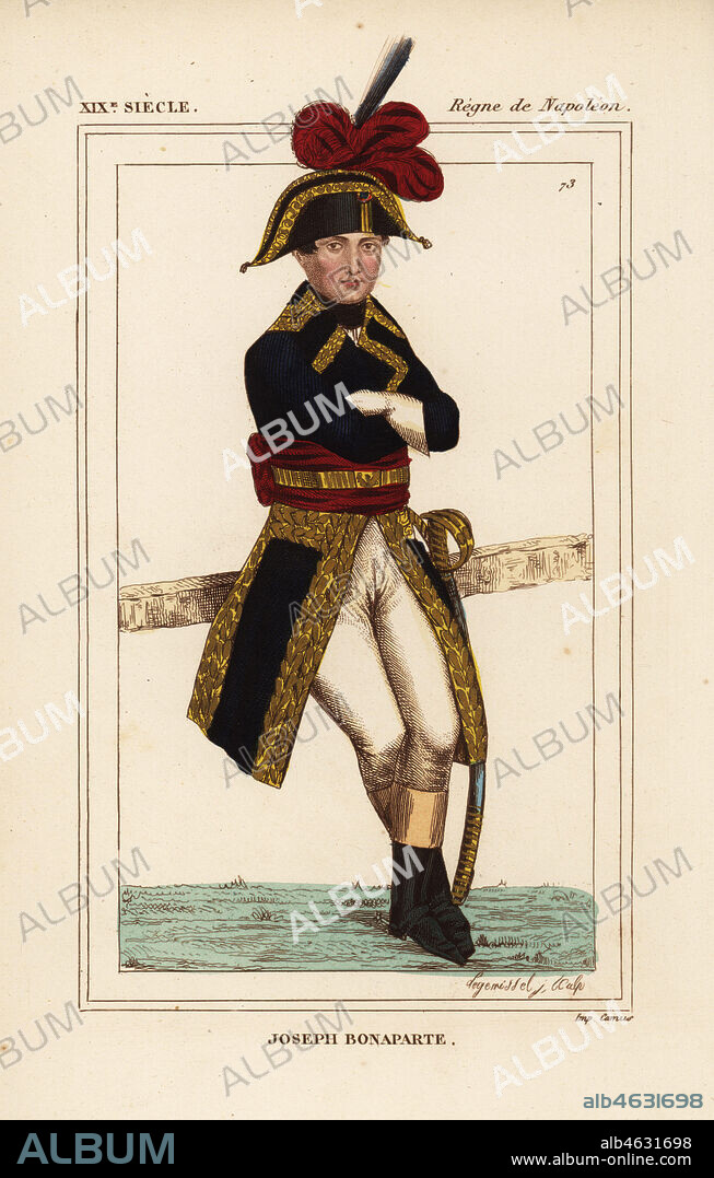 Joseph Bonaparte, French diplomat and nobleman, elder brother of Napoleon 1768-1844. Handcoloured lithograph by Legenissel from Le Bibliophile Jacob aka Paul Lacroix's Costumes Historiques de la France (Historical Costumes of France), Administration de Librairie, Paris, 1852.