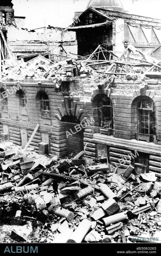 Damage to Birmingham Museum and Art Gallery from World War Two following a bombing raid during the night of November 22nd 1940. Six of the Feeney Art Galleries at BMAG were destroyed by a bomb. Damage was also done to the Bridge Gallery and Natural History Museum at BMAG. Thankfully no staff were hurt and the exhibits had been moved to a safe place so were not harmed., World War II, Photograph.