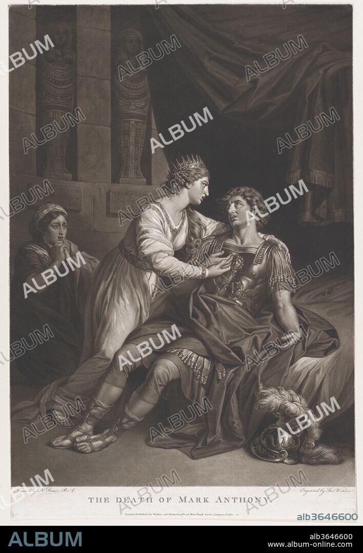 The Death of Mark Antony (Shakespeare, Antony and Cleopatra, Act 4, Scene 15). Artist: After Nathaniel Dance-Holland (British, London 1735-1811 Winchester). Dimensions: Sheet (trimmed within plate): 21 15/16 × 14 3/4 in. (55.8 × 37.5 cm). Engraver: Thomas Watson (British, London 1743-1781 London). Publisher: Thomas Watson (British, London 1743-1781 London). Subject: William Shakespeare (British, Stratford-upon-Avon 1564-1616 Stratford-upon-Avon). Date: January 1, 1780.