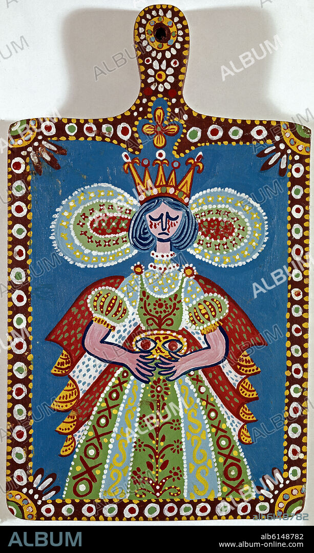 ÁNGEL ROMANO. SANTA LUCIA PINTADA EN TABLA DE COCINA - SIGLO XX.