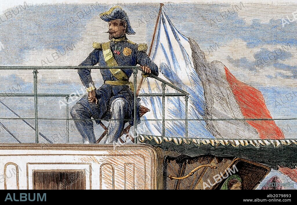 NAPOLEON III (París, 1808-Chislehurst, 1873). Emperador de los franceses (1852-1870). Era hijo de Luis Bonaparte, hermano de Napoleón I, y de Hortensia, hija de Josefina de Beauharnais, primera esposa de Napoleón. NAPOLEON III CON LA BANDERA FRANCESA A BORDO DEL "AIGLE". Grabado coloreado de L'Illustration, año 1860.