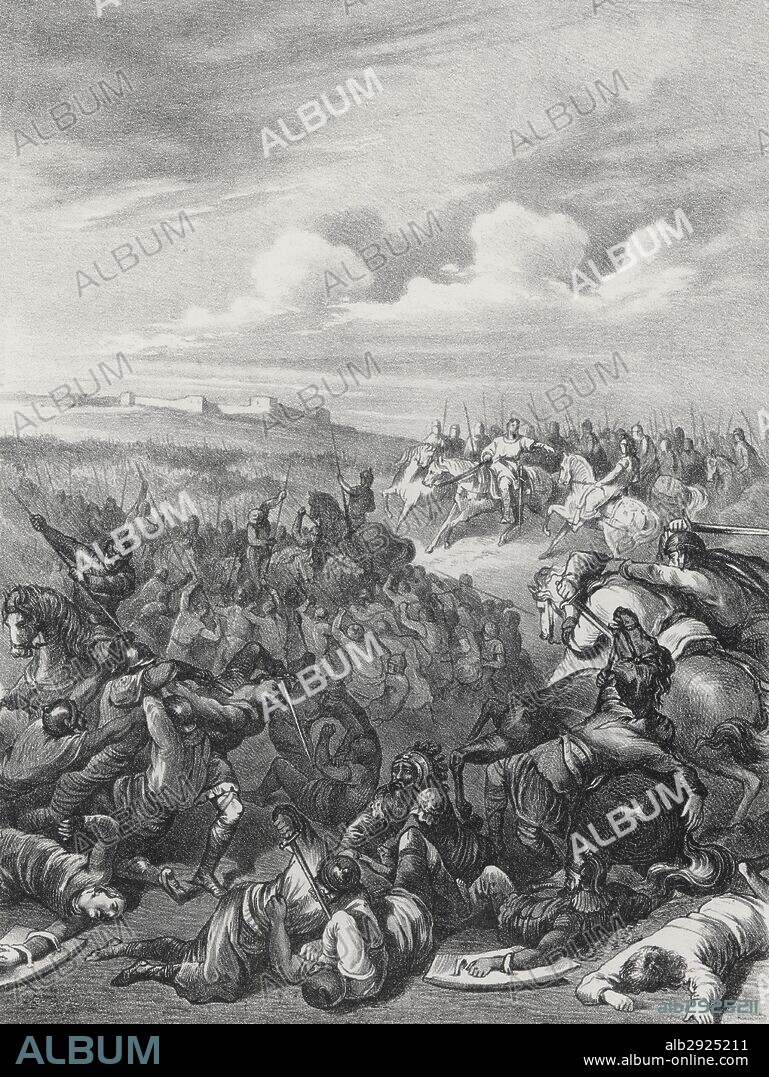 Historia. Batalla de los Campos Cataláunicos que enfrentó en el año 451 a los godos, francos y romanos contra Atila (395-453), rey de los hunos. Grabado de 1871.