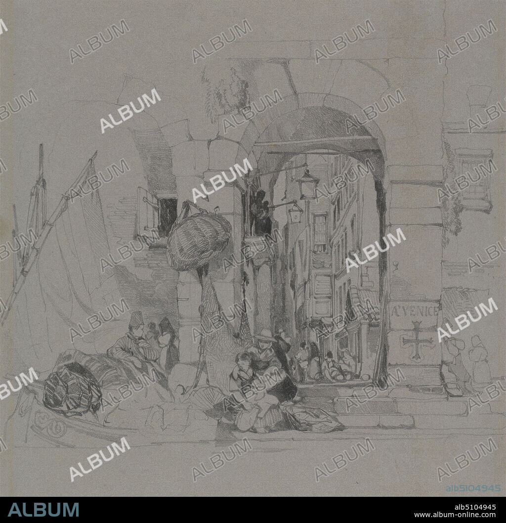 At Venice, William James Muller, 18121845, British, ca. 1834, Graphite on moderately thick, moderately textured, gray wove paper, Sheet: 17 11/16 x 11 7/16 inches (44.9 x 29.1 cm), genre subject, Grand Tour, nets, ship, street, Italy, Venice.