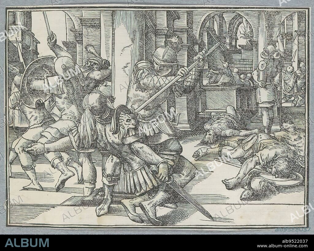 Warrior man killed with spear, Mattathias pierces a Jew, In a temple a fight is going on and a man is pierced with a spear. The depiction includes the priest Mattatias killing a man who wanted to make a sacrifice on the altar in Modein in accordance with the king's command. The print is part of an album., print maker: Christoffel van Sichem (I), after design by: Tobias Stimmer, Amsterdam, 1574, paper, letterpress printing, height 109 mm × width 149 mm.
