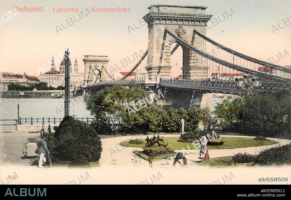 Budapest (Hungary), Chain Bridge - Szecheny lanchid. (Bridge over the Danube, built 1838-49; Arch.: William a. Adam Clark; 384 m long, 12 m wide). View. Postcard photo, coloured, c. 1890.