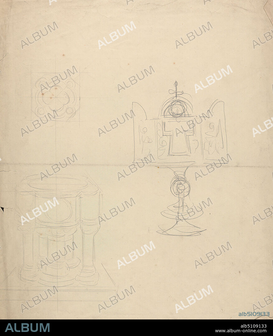 Designs for a Baptismal Font and a Tabernacle, Augustus Welby Northmore Pugin, 18121852, British, Augustus Charles Pugin, 17621832, French, undated, Graphite on medium, smooth, cream wove paper with one fold mark, Sheet: 13 x 11 3/4 inches (33 x 29.8 cm), architectural subject, architecture, baptismal fonts, church, design, tabernacle.