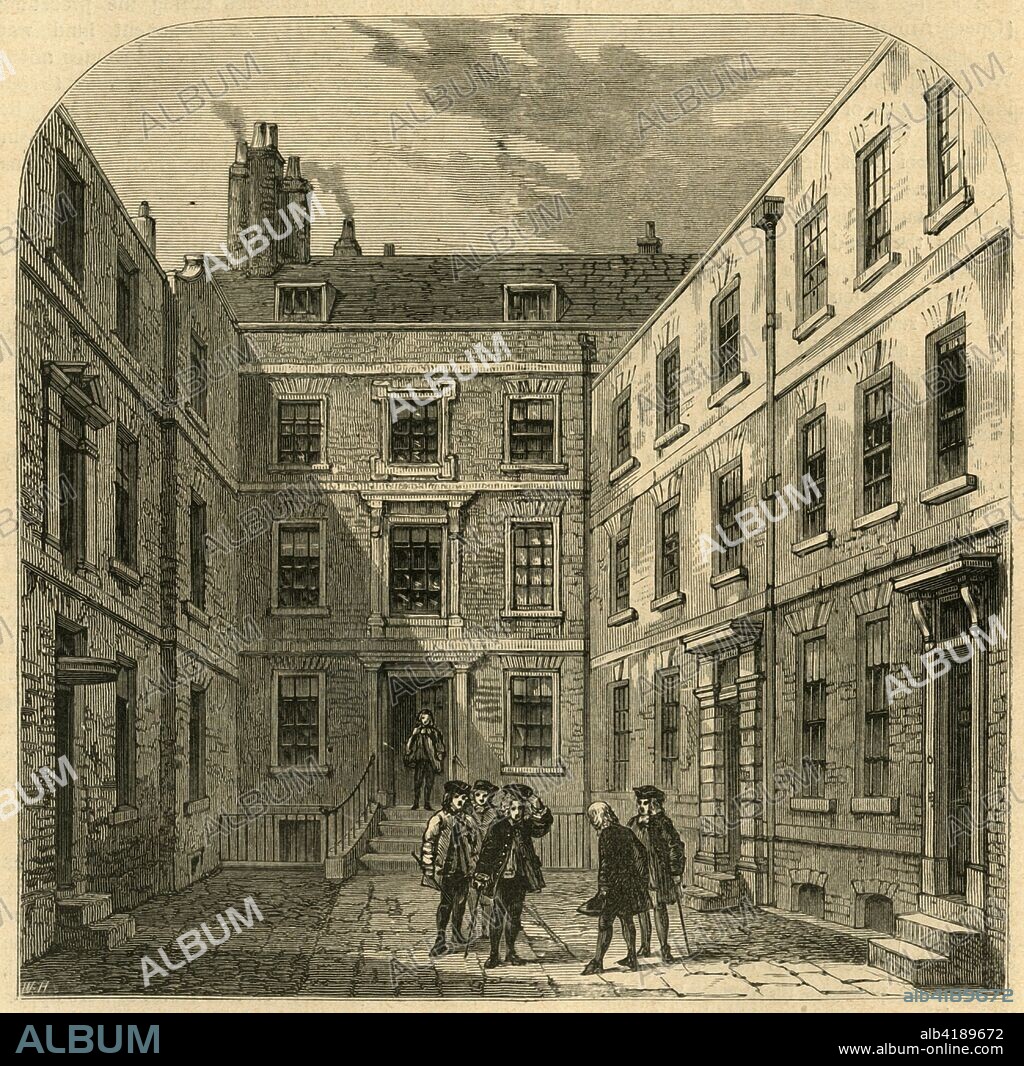 'The Royal Society's House in Crane Court', (1897). The Royal Society, (also known as the Royal Society of London for Improving Natural Knowledge), occupied Crane Court, Fleet Street, in the City of London, from 1710 to 1782. From Old and New London, Volume I, by Walter Thornbury. [Cassell and Company, Limited, London, Paris & Melbourne, 1897].