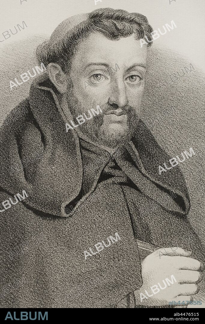 Fray Luis de León (1527/28-1591). Teólogo, poeta, astrónomo, humanista y religioso agustino español de la Escuela Salmantina. Dibujo por LLanta. Detalle. Litografía. Crónica General de España, Historia Ilustrada y Descriptiva de sus Provincias. Tomo Asturias y León, 1867. Biblioteca Histórico Militar de Barcelona, Cataluña, España.