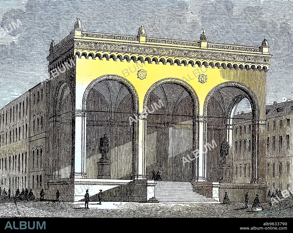 das Gebäude Feldherrnhalle in München, Bayern, Deutschland, historical, digital improved reproduction of an original from the 19th century / digitale Reproduktion einer Originalvorlage aus dem 19. Jahrhundert, Originaldatum nicht bekannt, ca 1880.
