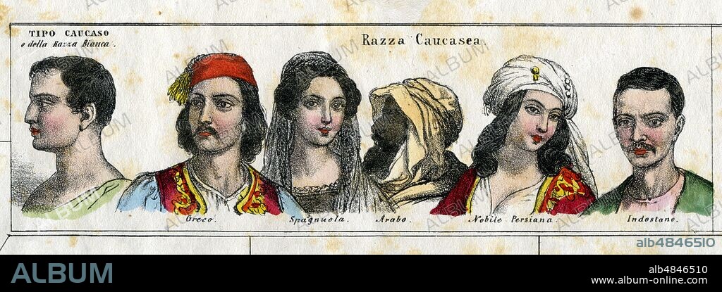 HUMAN RACES 'White or Caucasian race, white skin, high forehead, oval face, long nose, open face angle, middle mouth, never too big lips, open eyes and a horizontal depressed, soft hair hanging out or curled'. Original caption drawn up according to the nineteenth-century concept of 'race', which although it remains in the common language is considered scientifically overcome in the late following century, and better defined by the term considered even more politically correct than 'ethnicity' or 'phenotype', depending on the context. Detail from table V, 'Overview of all the races of the globe and their style of dressing', from 'La Geografia at a glance', Lithograph Corbetta, Milan, 1853.