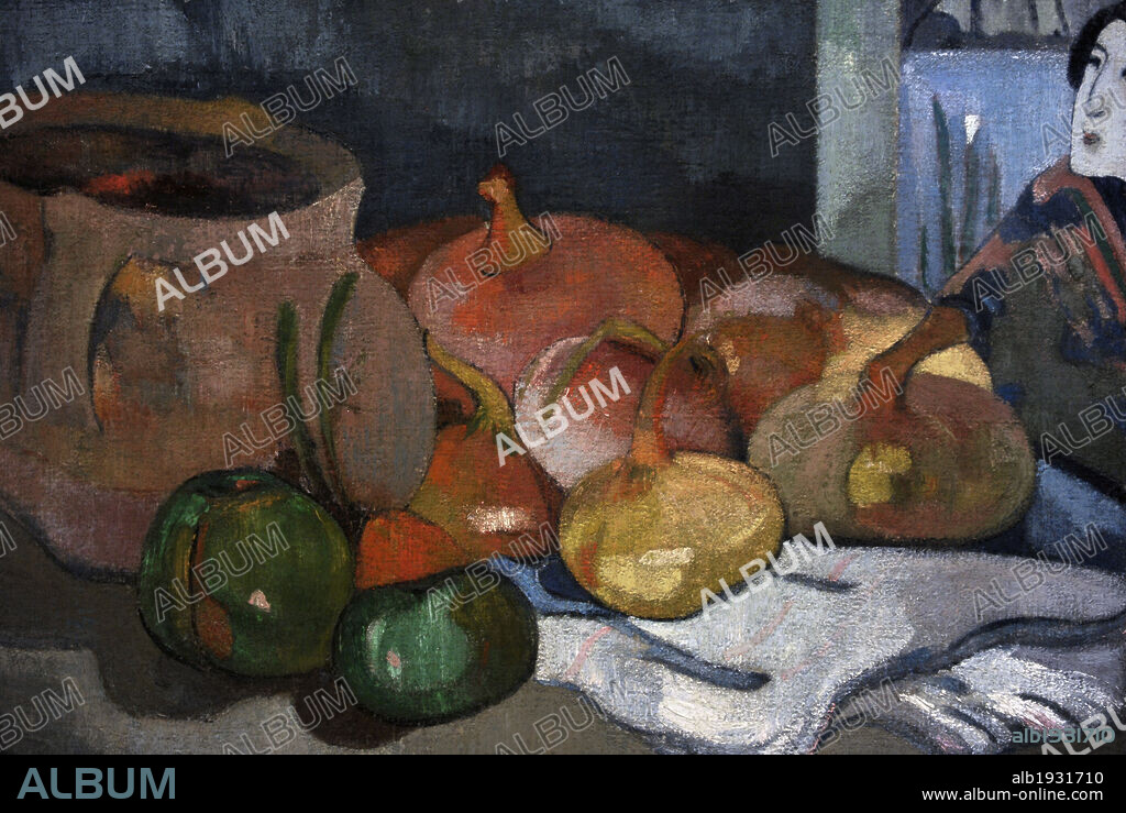 PAUL GAUGUIN (1848-1903). FRENCH ARTIST.. Paul Gauguin (1848-1903). Pintor postimpresionista francés. Naturaleza Muerta con Cebollas y Xilografía Japonesa, h. 1889. Oleo sobre lienzo (40,5 x 51,5 cm). Museo Carlsberg Glyptotek. Copenhague. Dinamarca.