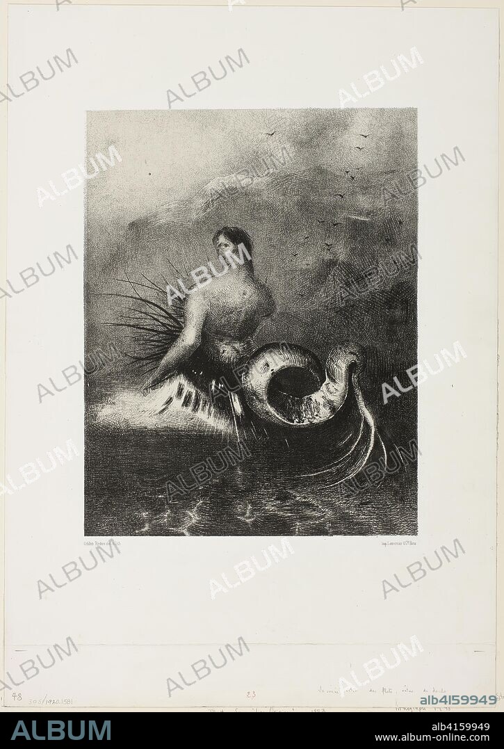 Siren Coming out of the Waves, Dressed in Flames, plate 4 of 8 from "Les Origines". Odilon Redon; French, 1840-1916. Date: 1883. Dimensions: 302 × 235 mm (image/chine); 490 × 345 mm (sheet). Lithograph in black on light gray China paper collé, laid down on white wove paper. Origin: France.