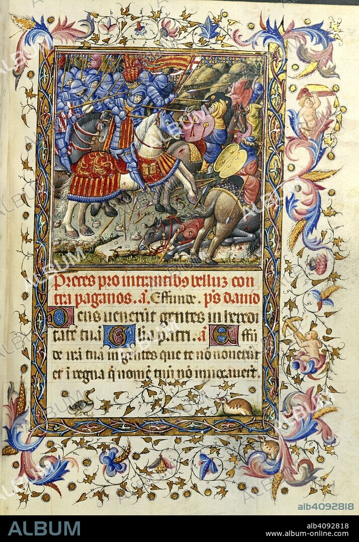 King Alfonso V in battle. Psalter and Hours of Alfonso V of Aragon. Spain [probably Aragon]; circa 1442. [Whole folio) King Alfonso V in battle. Psalm 78; decorated borders  Image taken from Psalter and Hours of Alfonso V of Aragon.  Originally published/produced in Spain [probably Aragon]; circa 1442. . Source: Add. 28962, f.78. Language: Latin.