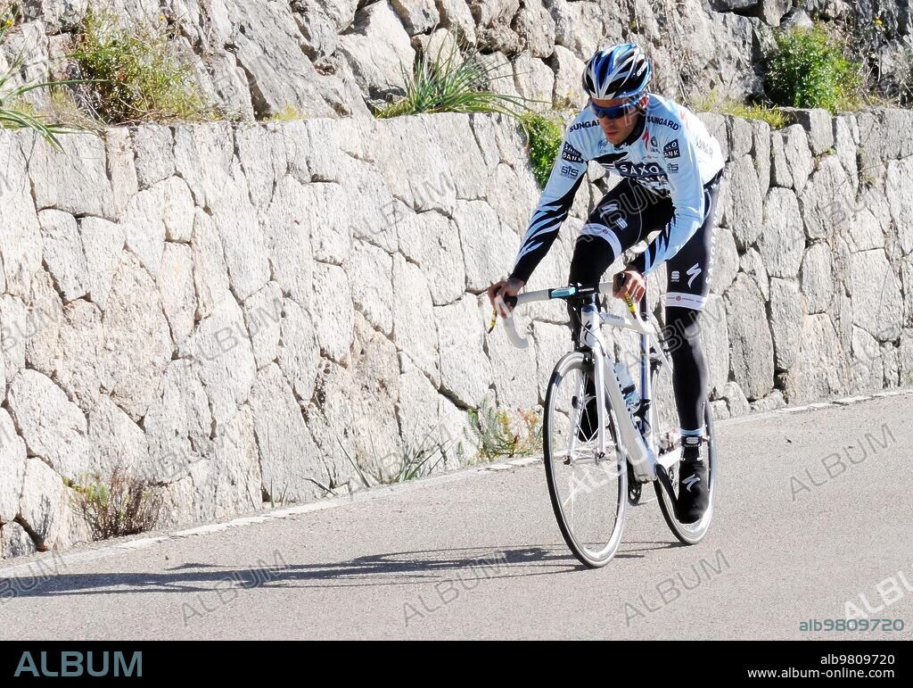 January 24, 2011. Alberto Contador and his new Saxobanc team, on a training day on the roads of Mallorca. joan llado.