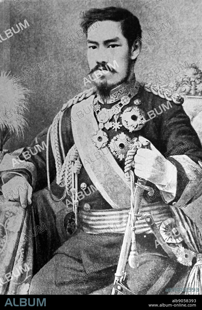 Emperor Meiji (1852 - 1912), Emperor of Japan, reigning from 3 February 1867 until his death on 30 July 1912. He presided over the Meiji period, a time of rapid change that witnessed the Empire of Japan rapidly transform from an isolationist feudal state to an industrialized world power.