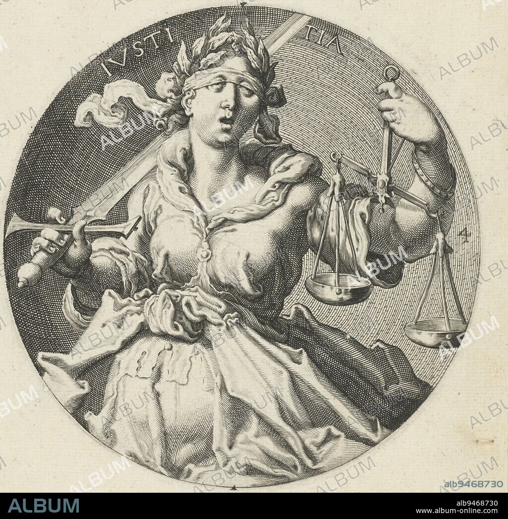 Justice, in the guise of a blindfolded woman holding a scale in the left hand and a sword in the right hand. At the top of the image the word 'IVSTITIA' (justice). This print is part of a series of seven circular representations of the virtues, each personified by a female figure with typical attributes, and with Latin inscription., Justice Iustitia The Virtues (series title), print maker: Jacob de Gheyn (II), (workshop of), print maker: Zacharias Dolendo, (possibly), Jacob de Gheyn (II), Netherlands, 1591 - 1595, paper, engraving, d 148 mm.