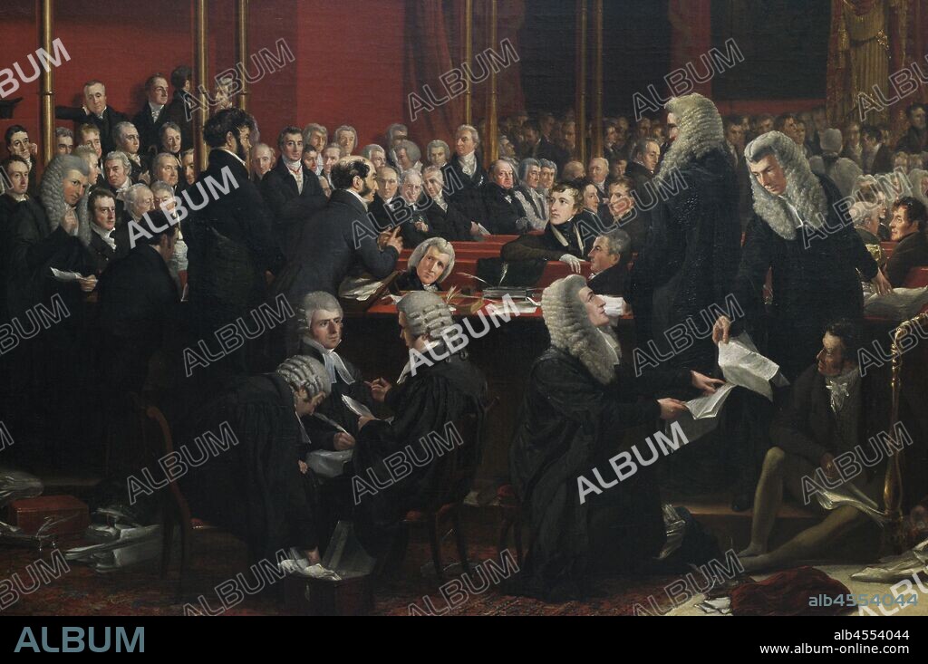 Carolina de Brunswick-Wolfenbuttel (1768-1821), reina consorte del rey Jorge IV del Reino Unido. El juicio contra la reina Carolina, en la Cámara de los Lores del Parlamento Británico,1820, por adulterio. Oleo sobre lienzo,1823. Obra del pintor británico Sir George Hayter (1792-1871). Detalle. En el cuadro aparecen: Arthur Wellesley (primer Duque de Wellington), Theodore Majocchi, Thomas Denman (primer Baron Denman), Henry Brougham (Primer duque de Brougham y Vaux). National Portrait Gallery. Londres. Inglaterra.