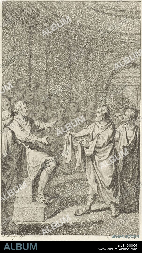 The Roman general Quintus Fabius Maximus Cunctator the Doubter makes the council in Carthage choose between war or peace He shows the folds in his toga, Quintus Fabius Maximus before the council at Carthage The Roman envoys at the council at Carthage , print maker: Ludwig Gottlieb Portman, (mentioned on object), intermediary draughtsman: Jacobus Buys, (mentioned on object), Amsterdam, 1795, paper, h 209 mm × w 123 mm.