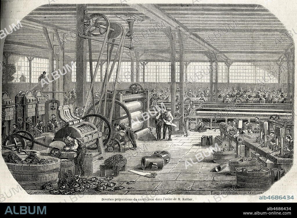 'Diverses prepatrations du caoutchouc dans l'usine de M. Rattier' Atelier avec machines-outils , France 19eme siecle. Paris, 15eme arrondissement. Gravure 1856. Credit Collection Kharbine Tapabor.