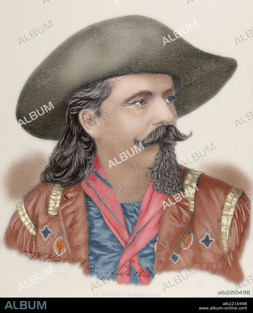William Frederick "Buffalo Bill" Cody (1845-1917). Conocido en español como Búfalo Bill. Soldado estadounidense, cazador de búfalos y hombre de espectáculos. Grabado coloreado. "La Ilustración", año 1890.
