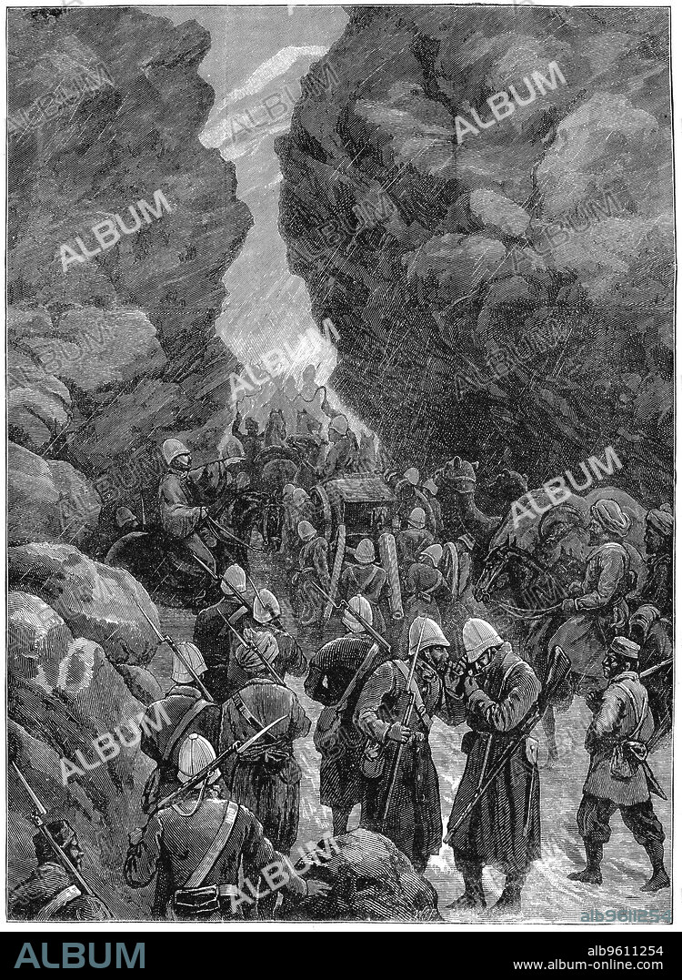 Second Anglo-Afghan War (1878-1880), 1880. A block in the Jugdulluk Pass: British troops having difficulties on their way to reinforce General Roberts at Cabul (Kabul). December 1879.