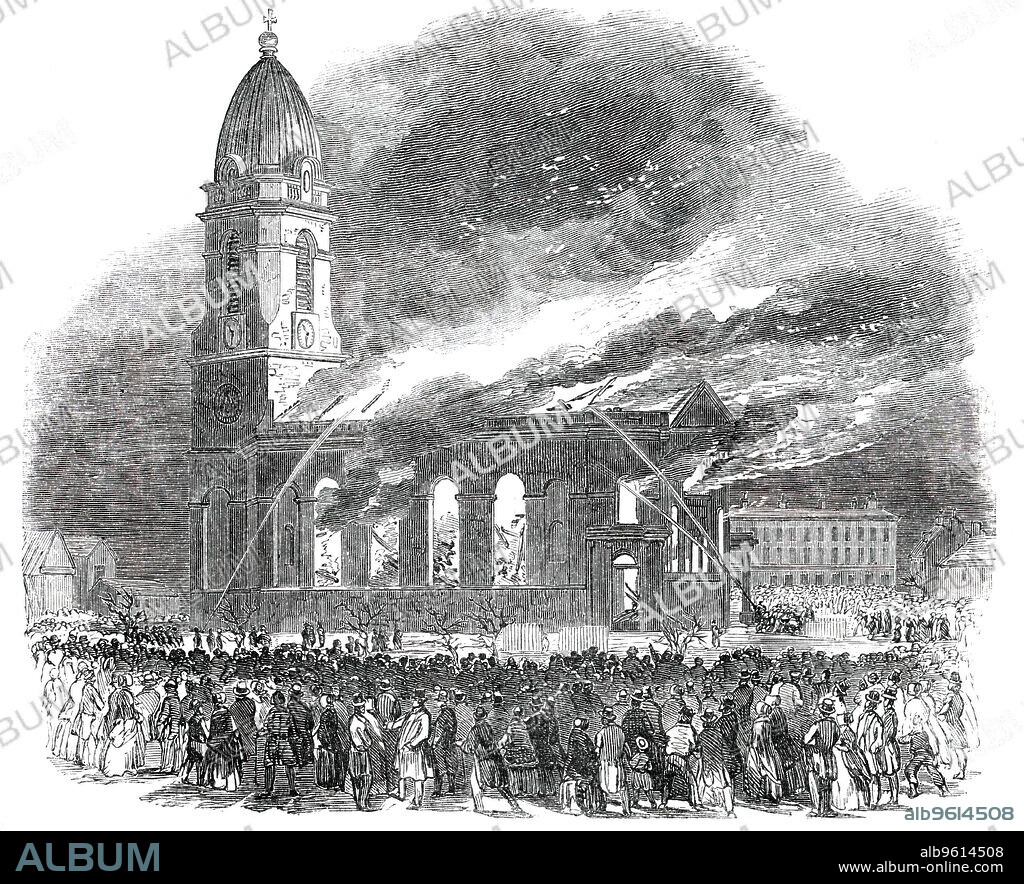 Fire in All Saints' Church, at Manchester, 1850. '...seven fire engines...were stationed in the yard attached to the church; four of them, the Vesta, Neptune, Mersey, and Waterwitch, were placed at the north-west or tower end of the building; the branch from the latter being taken up into the tower, which was, at one time, in imminent danger. The Thames, Niagara, and Ganges engines were situated at the south-east end of the church. A plentiful supply of water having been obtained, the men were dispersed over the various parts of the building. Jets were placed at the four corners of the interior; and it is to this judicious arrangement that the preservation of the galleries and a part of the organ are to be attributed...Through the unremitting exertions of the firemen, the tower, with a great portion of the gallery, and some parts of the organ and pulpit, are saved...'. From "Illustrated London News", 1850.