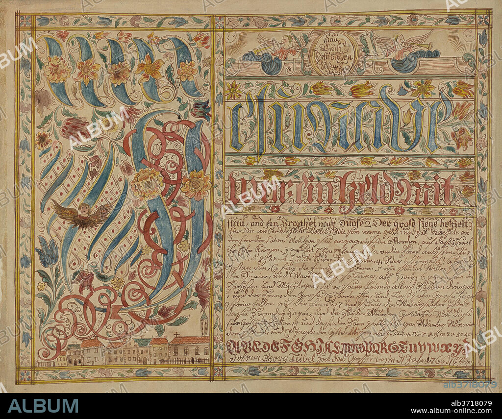 ALBERT LEVONE. Fraktur. Dated: 1935/1942. Dimensions: overall: 35.3 x 44.6 cm (13 7/8 x 17 9/16 in.)  Original IAD Object: 16 3/4" wide; 13 1/8" high. Medium: watercolor and graphite on paper.