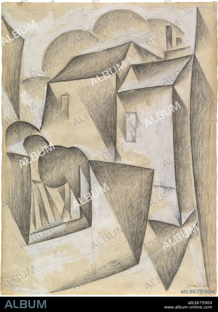 Houses in Paris, Place Ravignan. Artist: Juan Gris (Spanish, Madrid 1887-1927 Boulogne-sur-Seine). Dimensions: 16 7/8 x 12 3/8 in. (42.9 x 31.4 cm). Date: Paris, 1911.
This study for an oil painting of the same title (<i>Houses in Paris, Place Ravignan</i> (1911 or 1912, The Leonard A. Lauder Cubist Collection) shows how precisely Gris mapped out his composition, from the prominent diagonal axis to the areas of white highlight. The setting is the place Ravignan in Paris, the site of Gris's studio. Fernande Olivier recalled that the "little square is shaded by four trees and surrounded by four buildings with four streets leading into it. It's like the heart of a primitive cross. . . . There are two nice old painted wood benches, though the paint is peeling off them, and in summer it's pleasant to sit here and collect your thoughts. . . . In winter . . . it's as slippery as an ice rink and the square is deserted.".