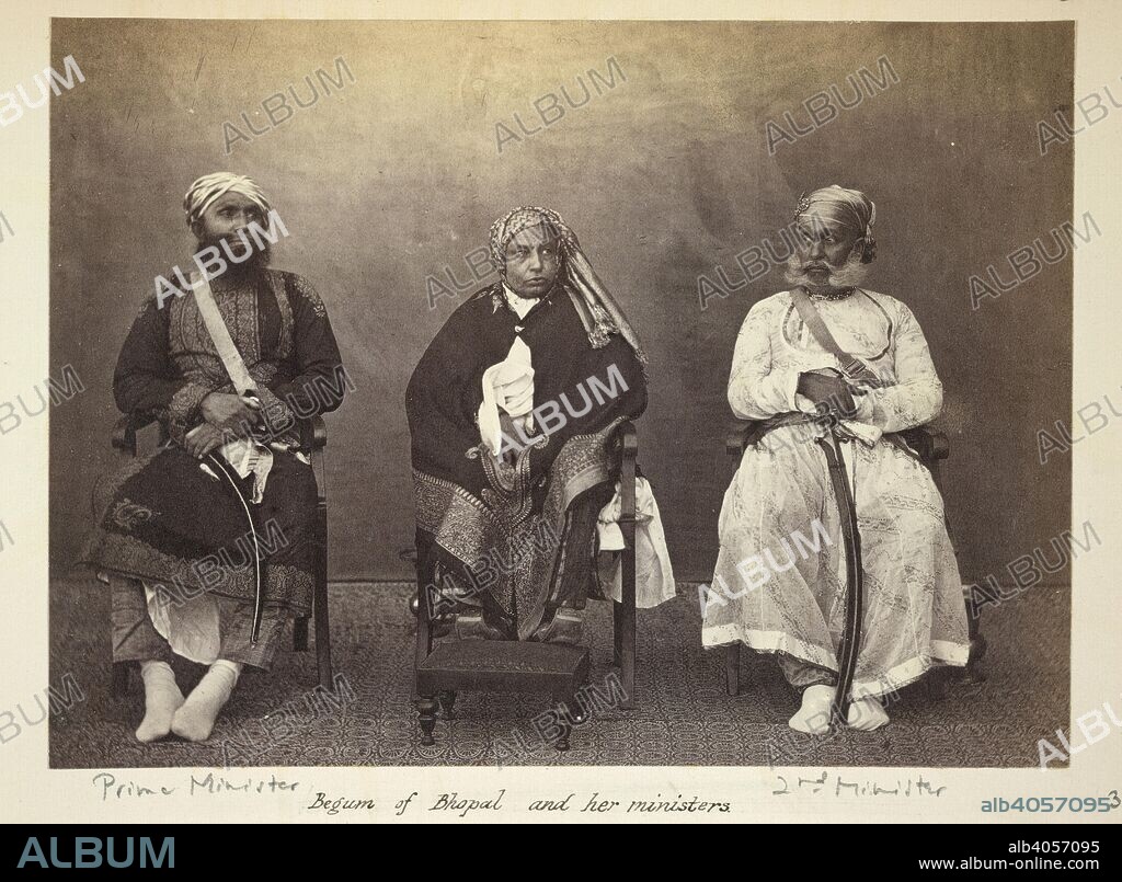 JAMES WATERHOUSE. Begum of Bhopal and her Ministers. Nov 1862. Full-length portrait of Sikander Begum (d.1868), Regent of Bhopal, seated between her Prime Minister (Diwan), Muhammad Jamal-ud-din Khan and her Second Minister, Raja Kishen Ram. [Albumen print, 157x114mm].  Originally published/produced in Nov 1862. . Source: OIOC Photo 355/9(3),.