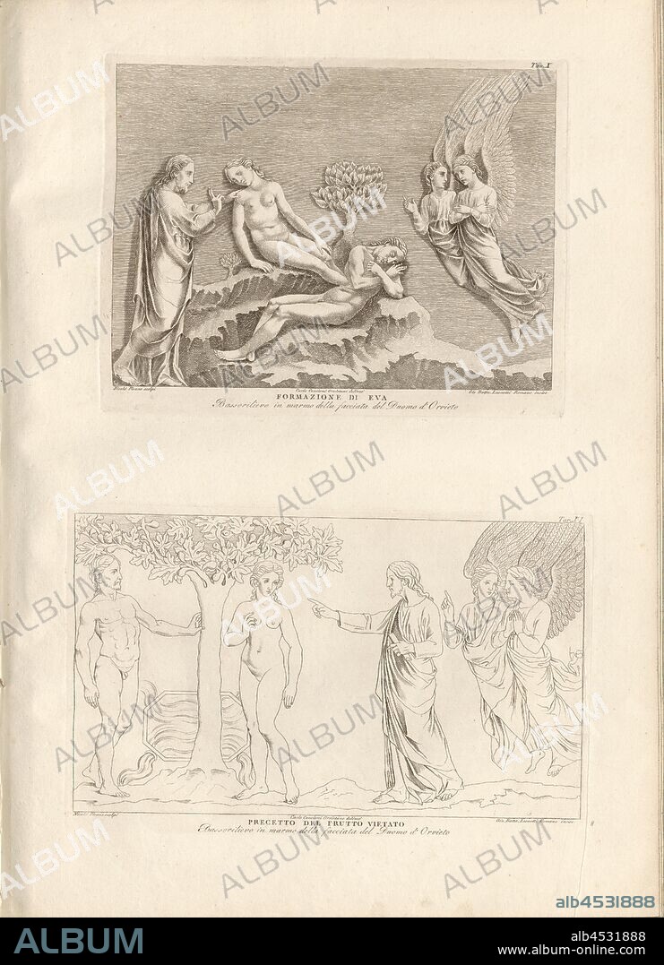 Formation of Eve and Precept of the forbidden fruit, Creation: Day 6 and the Fall, signed: Nicolo Pisano (scolpi); Carlo Cencioni (delineo); Gio, Batta, Leonetti (incise), Tav., X and Tav., XI, Pisano, Nicolo (sc.); Cencioni, Carlo (del.);, Guglielmo Della Valle: Storia del duomo di Orvieto. Roma: presso i Lazzarini, MDCCXCI [1791].