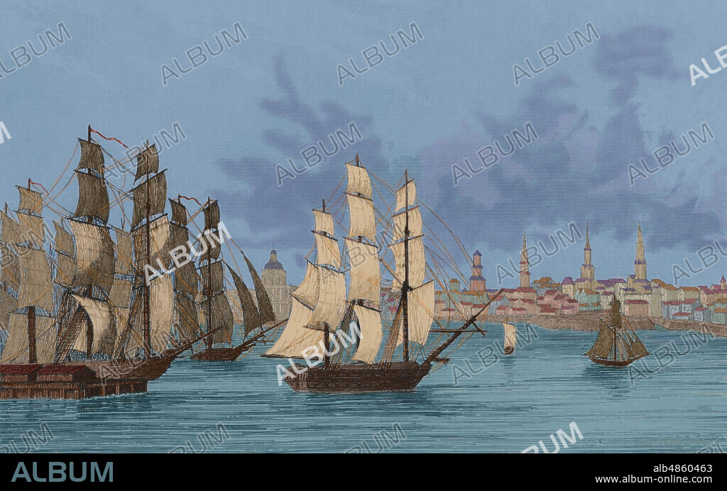 Estados Unidos. Vista de Boston. Partida de la flota inglesa. Grabado por Petit. Panorama Universal. Historia de los Estados Unidos de América, por Roux de Rochelle. Edición española impresa en Barcelona,1850. Coloreado.