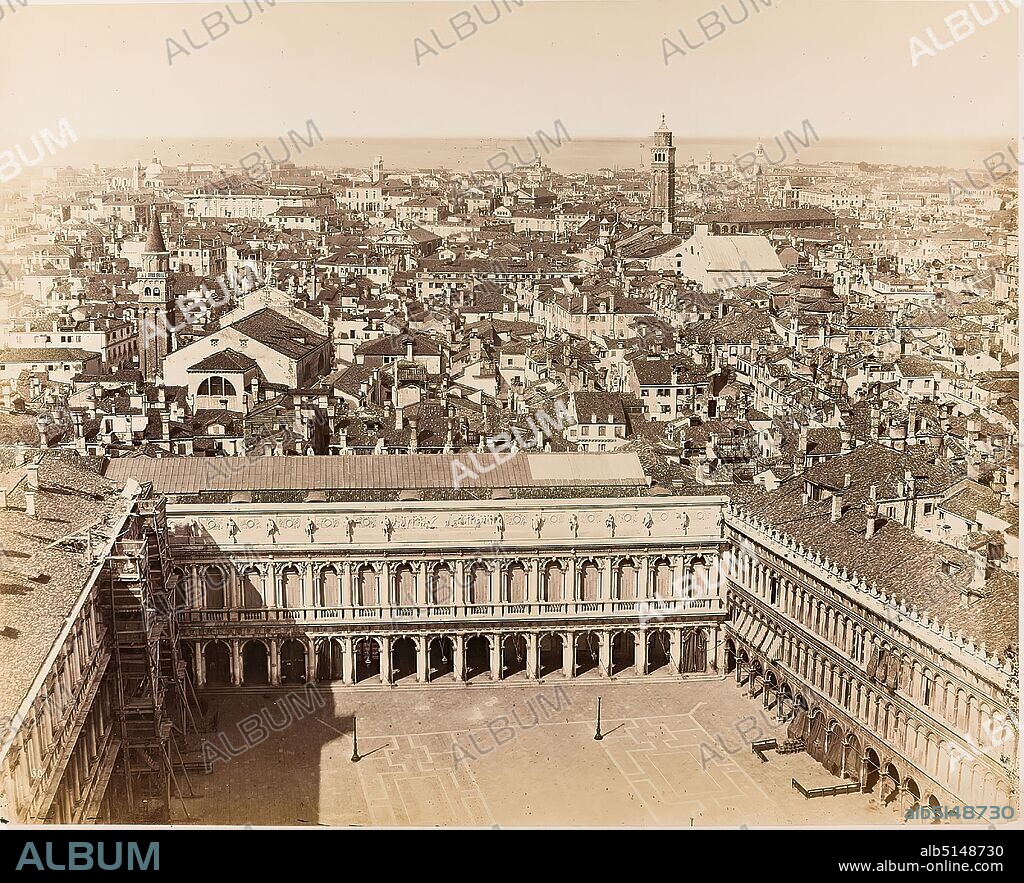 Carlo Ponti, view of Venice from the Markus Tower, albumin paper, black and white positive process, image size: height: 26,20 cm; width: 32,00 cm, copied lower left corner of the image: 30th ; in lead lower right corner of the image carrier: Venice ; embossing stamp lower left corner of the image carrier: Ponti Riva dei Schiavoni Venezia, travel photography, architectural photography, city, city view (veduta), hist. building, location, street, hist. place, town, village, tower, castle, palace.