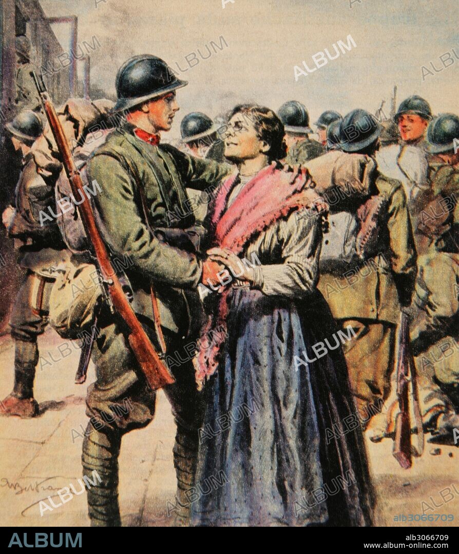 PRIMERA GUERRA MUNDIAL (1914-1918). La despedida de los reclutas. Dibujo por A. Beltrame. "La Domenica del Corriere", 1917.