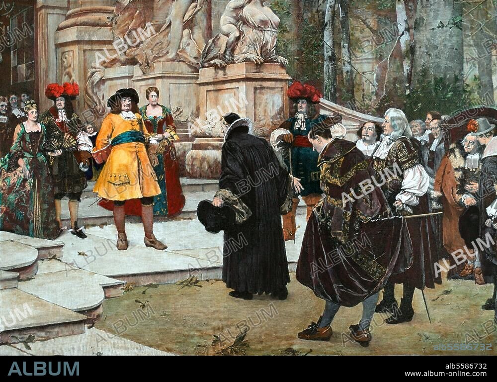 Frederick William, 1620 - 1688, Elector of Brandenburg and Duke of Prussia, thus ruler of Brandenburg-Prussia, from 1640 until his death in 1688. Frederick William receives Hugenots who fled France 8th November 1685. (The Edict of Potsdam: Proclamation issued by Frederick William, Elector of Brandenburg and Duke of Prussia, in Potsdam on 29th October 1685, as a response to the revocation of the Edict of Nantes by the Edict of Fontainebleau. It encouraged Protestants to relocate to Brandenburg). Wood engraving after painting, 1885, by Hugo Vogel (1855-1934), coloured later.