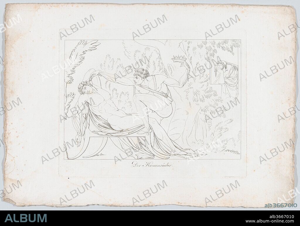 Der Kronenräuber (Claudio Murders His Brother, King Hamlet, By Pouring Poison into His Ear as He Lies Sleeping in the Garden, Shakespeare, Hamlet, Act 1, Scene 5: 58-78). Artist: After Henry Fuseli (Swiss, Zürich 1741-1825 London). Dimensions: Plate: 9 13/16 × 12 5/8 in. (25 × 32 cm)
Sheet: 13 9/16 × 19 1/8 in. (34.4 × 48.5 cm). Engraver: Johann Heinrich Lips (Swiss, Kloten 1758-1817 Zurich). Series/Portfolio: Heinrich Fuessli's Sämmtliche Werke, 1807, part I, no. 8. Subject: William Shakespeare (British, Stratford-upon-Avon 1564-1616 Stratford-upon-Avon). Date: 1806.