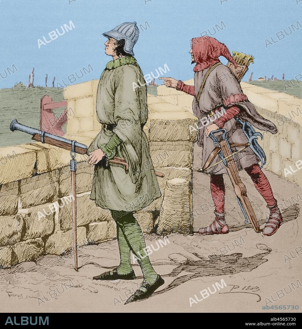 Soldiers of "Acostamientos". The Acostamiento was a salary granted by the king to his vassals under which they were obliged to serve him in war. Culveriner (left). Crossbowman (right). Engraving. Museo Militar, 1883. Later colouration.