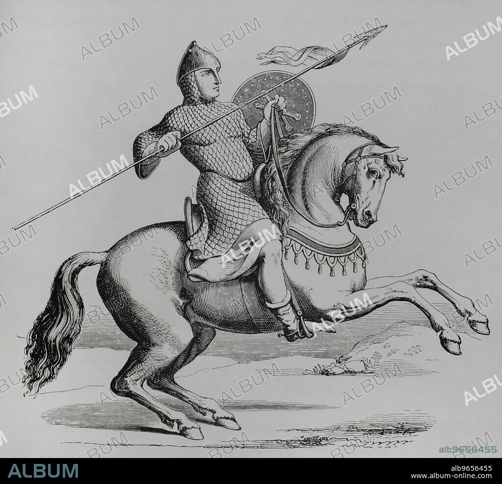 Edad Media. Caballero con cota de malla. Grabado. "Les Arts au Moyen Age et a l'Epoque de la Renaissance", por Paul Lacroix. París, 1877.