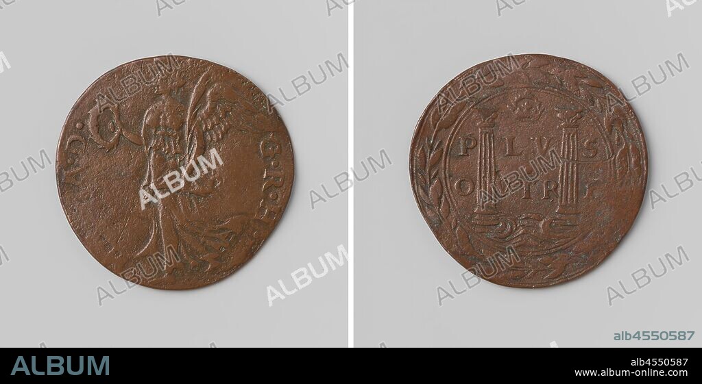 Mary of Hungary, Governor of Charles V, German Emperor in the Netherlands, Copper Medal. Obverse: Winged Victory with laurel wreath in right and palm branch in left hand inside an inscription. Reverse: inscription under crown between columns of Herkules within scroll wreath, Mary of Hungary (governor of the Netherlands), Charles V of Habsburg (German emperor and king of Spain), anonymous, 1552, copper (metal), striking (metalworking), d 2.8 cm × w 48 gr.