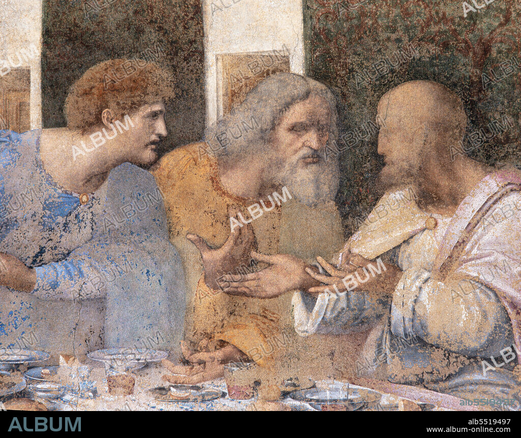 Basilica of Santa Maria delle Grazie, Cenacolo Vinciano: "The Last Supper", Leonardo da Vinci, fresco, 1495-1497. Detail of the right side with Matthew, Judas the Apostle and Simon.