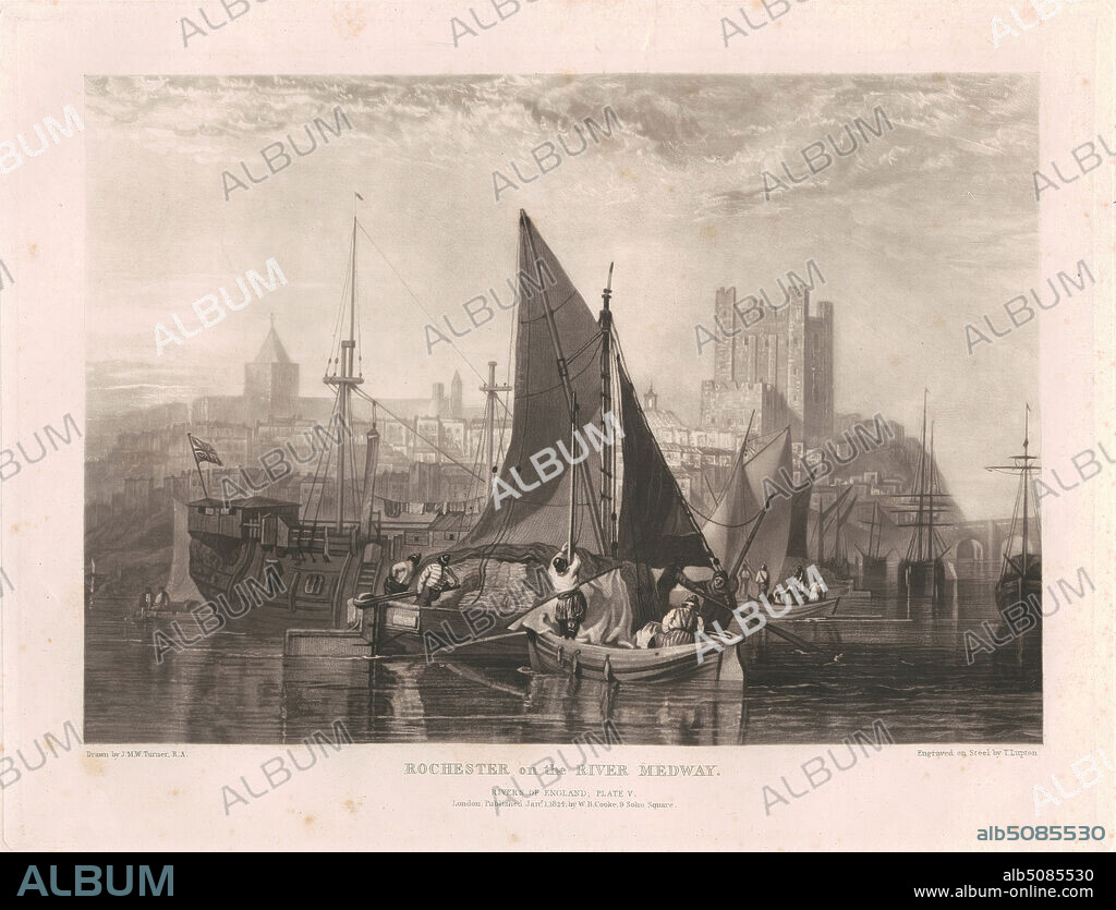Rochester, on the River Medway, Thomas Goff Lupton, 17911873, British, after Joseph Mallord William Turner, 17751851, British, 1823-1827, Mezzotint.