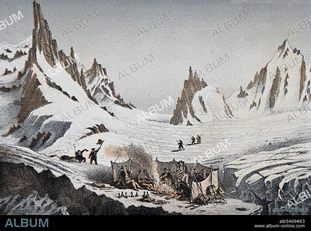 Horace-Bénédict de Saussure and his party halting on the Col du Géant on their ascent of Mont Blanc, 1787. Horace-Bénédict de Saussure (February 17, 1740 - January 22, 1799) was a Genevan geologist, meteorologist, physicist, mountaineer and Alpine explorer, often called the founder of alpinism and modern meteorology. His early interest in botanical studies and glaciers led Saussure to undertake journeys across the Alps. In 1767, he completed his first tour of Mont-Blanc, a trip that did much to reveal the topography of the snowy portions of the Alps of Savoy. He also carried out experiments on heat and cold, on the weight of the atmosphere and on electricity and magnetism. For this, he devised what became one of the first electrometers. The Alps were the focus of Saussure's investigations. He saw them as the grand key to the true theory of the earth, and they gave him the opportunity to study geology in a manner never previously attempted. He closely examined the inclination of the strata, the nature of the rocks, the fossils and the minerals. All of Saussure's observations and experiments from seven Alpine journeys were summed up and published in four quarto volumes, under the general title of Voyages dans les Alpes (1779-96). He died in 1799 at the age of 58. Color lithograph by F. Baumann.