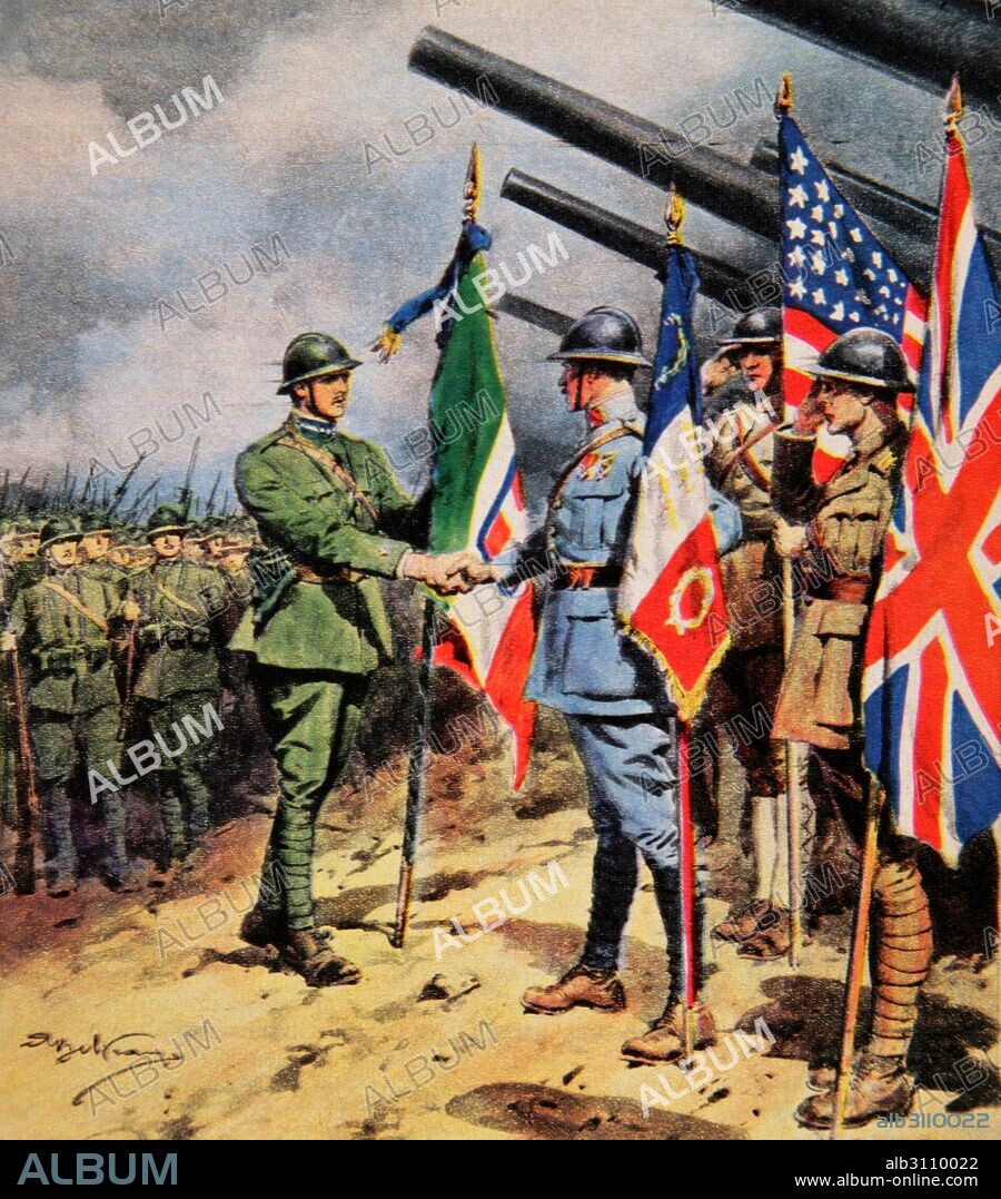 PRIMERA GUERA MUNDIAL (1914-1918). Vittorio Emanuele Orlando (1860-1952) Primer ministro italiano de 1917-1919. Partició en la I GM siendo apodado el "Primer ministro de la Victoria" tras el triundo en Vittorio Veneto, 1918. Encuetro de las torpas alidadas con las italianas, 1818. Grabado de La Domenica del Corriere, Italia.