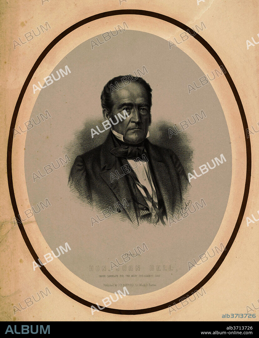 JOSEPH E. BAKER. Honorable John Bell. Dated: 1860. Dimensions: image (irregular): 21.59 × 18.42 cm (8 1/2 × 7 1/4 in.)  sheet (irregular): 36.83 × 28.89 cm (14 1/2 × 11 3/8 in.)  support: 51.75 × 39.69 cm (20 3/8 × 15 5/8 in.). Medium: lithograph in black on wove paper mounted to gilded wove paper.
