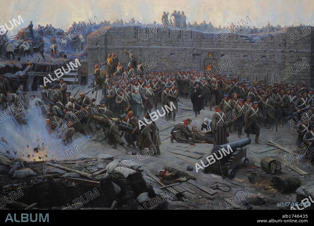 GUERRA DE CRIMEA (1853-1856). Conflicto bélico entre el Imperio Ruso y la alianza de Reino Unido, Francia, el Imperio Otomano y el Reino del Piamonte. Cuadro panorámico obra de Francisco RUBO (1856-1928). "SITIO DE SEBASTOPOL, 1854-1855". La ciudad a orillas del Mar Negro, fue sitiada durante 11 meses. El cuadro mide 1610 metros cuadrados de superficie. Detalle. Museo de la Heroica Defensa y Liberación de Sebastopol. Península de Crimea. Ucrania.